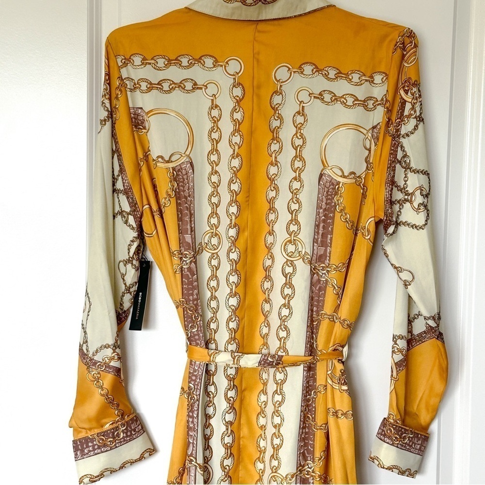 BCBGMaxAzria Crazy Chains Mustard Yellow Shirt Dress Long Sleeve Size L - Picture 7 of 9